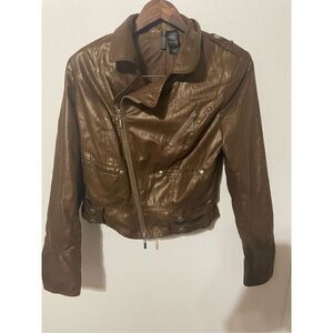 Bisou Bisou Women’s Large Brown Faux Leather Full Zip Moto Cropped Jacket